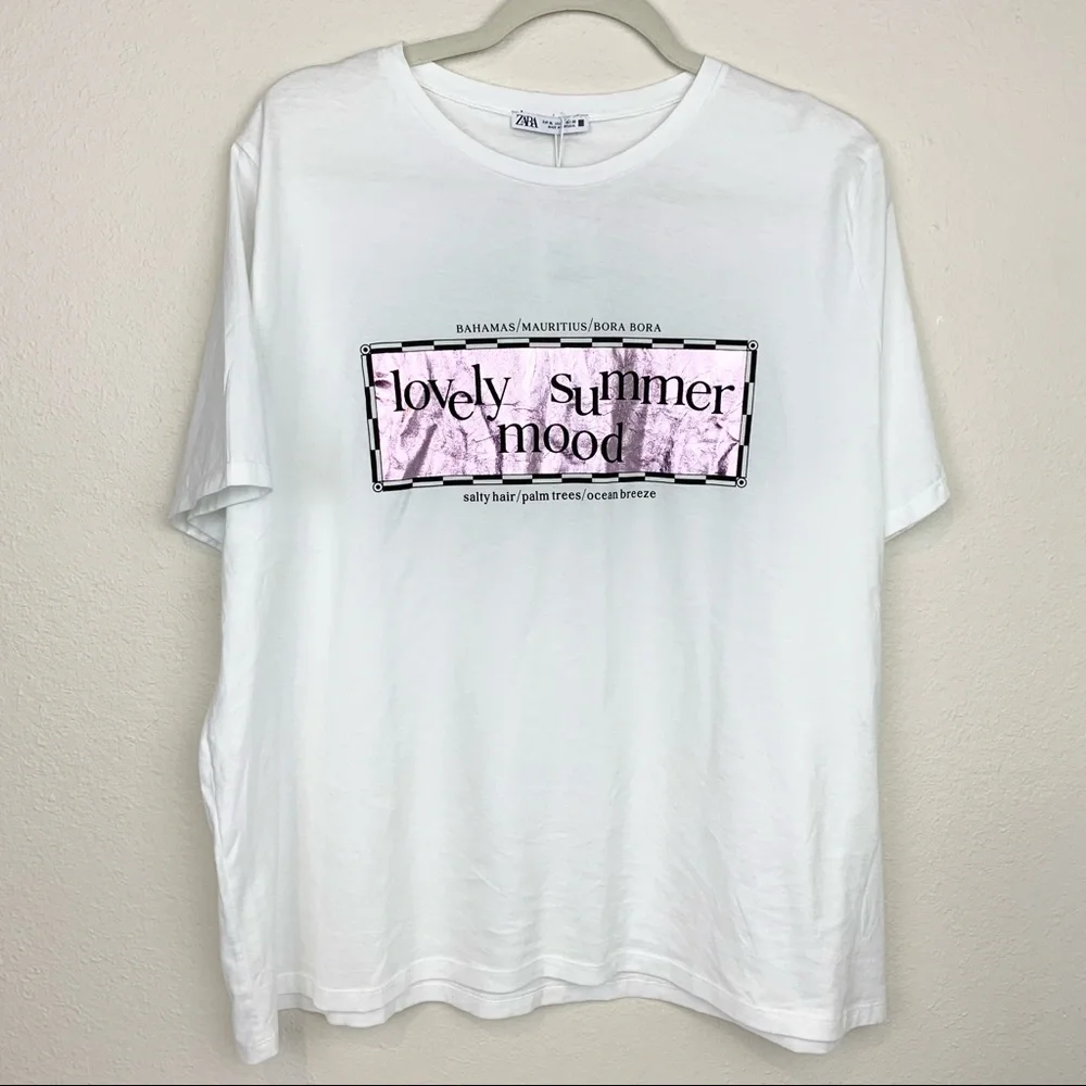 Zara Lovely Summer Mood Graphic Tee Shirt Iridescent Shine Cotton Vacation - Picture 3 of 7